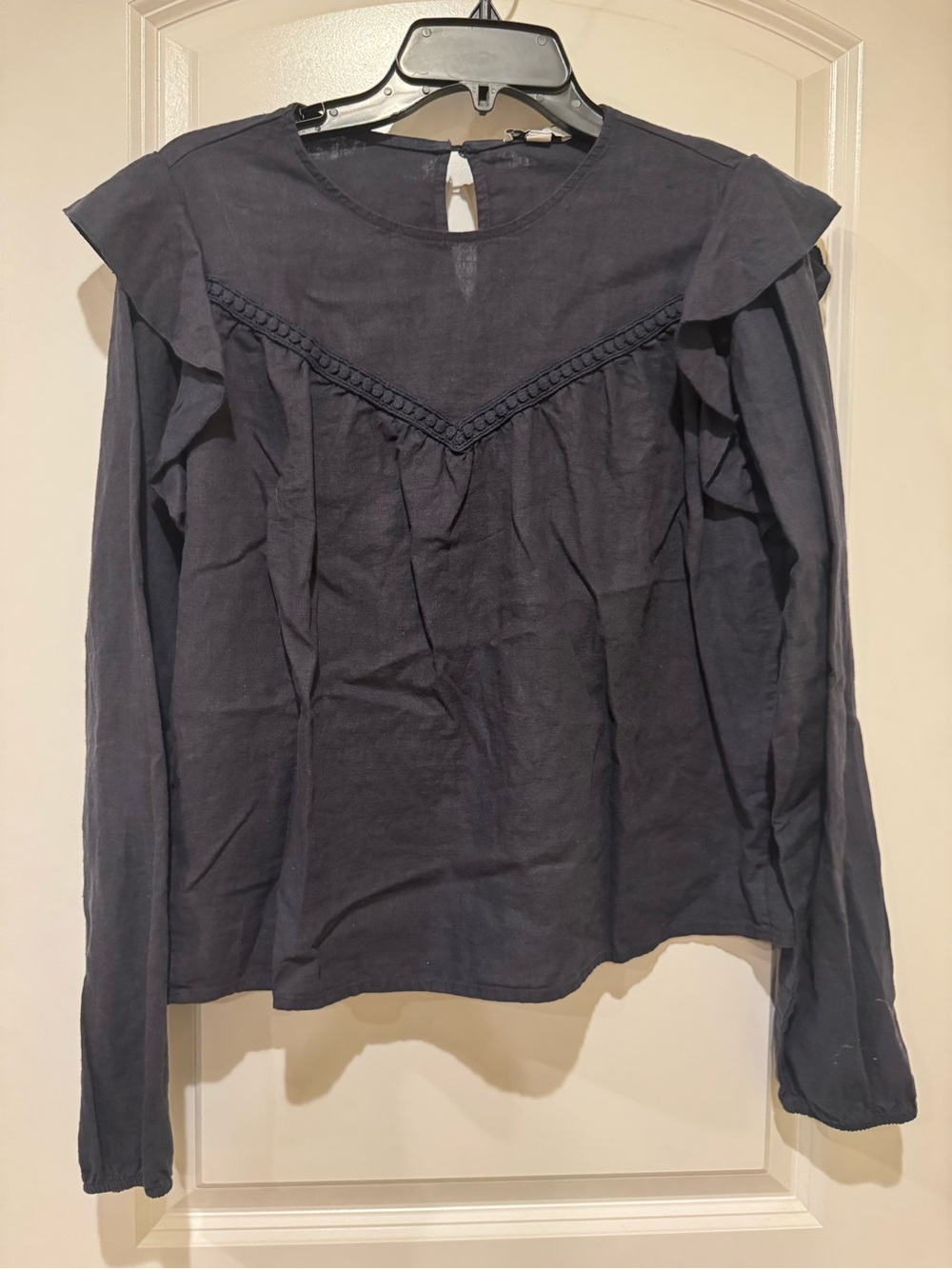 Women's Navy Ruffle Subdued Long-Sleeve Blouse